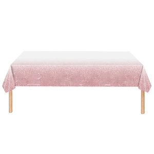 Detailed macro shot of shimmering pink sequins on rectangular disposable party tablecloth