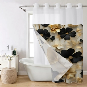 Detail of waterproof polyester shower curtain with 3D black and gold floral print design