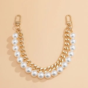 Dual-layer bag chain with white pearls, gold metal link, and secure lobster clasps