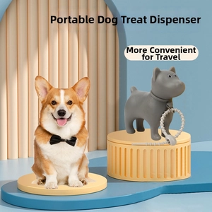 Gray cartoon dog waste bag dispenser with adjustable lanyard for outdoor walking