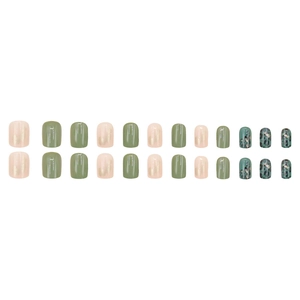 Coffret de 24 faux ongles courts carrés avec motif léopard vert et éclats de feuilles d'or