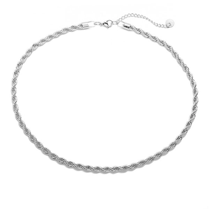 Detailed close-up of a silver-toned polished rope chain necklace with lobster clasp closure