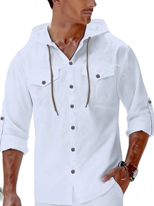 Detail of white linen hooded shirt for men featuring chest pockets and roll-up button sleeves