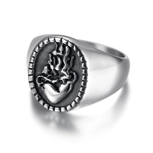 Gothic vintage stainless steel signet ring featuring an oxidized silver sacred heart