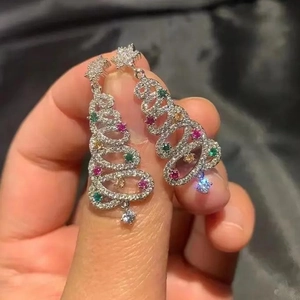 Sparkling Christmas tree earrings with colorful zircon stones and star toppers