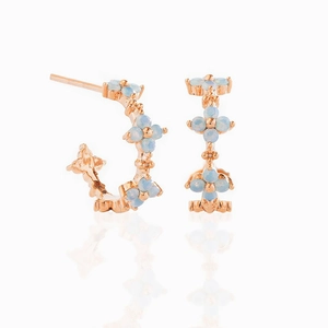 Rose gold flower C-shaped hoop earrings with light blue cubic zirconia stones