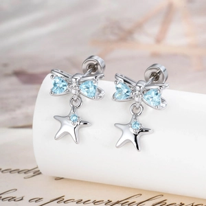 Bowknot Star Dangle Ear Cartilage Stud Blue Heart Cubic Zirconia Piercing Earring Stainless Steel Copper Screw Back Jewelry
