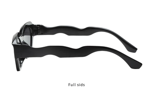 Side view of black sunglasses with unique wavy temples and polished frame design