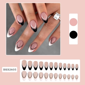 Detail of pink and black French press-on nails with white line patterns and 24-piece set layout