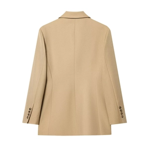 Back view of slim fit khaki blazer for women featuring premium fabric and button cuffs