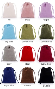 Detail view of 12 colorful velvet drawstring pouches for jewelry storage and gift packaging