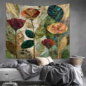 Artistic detail of mosaic floral tapestry with vibrant roses on minimalist bedroom wall