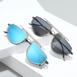 Modern geometric metal frame sunglasses with blue and grey reflective coated lenses
