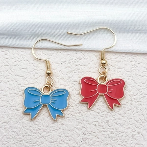 Handmade enamel bow-knot dangle earrings in red and blue with gold finish hooks