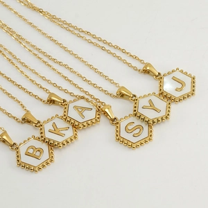 18K gold plated stainless steel hexagonal necklaces with natural mother of pearl alphabet charms