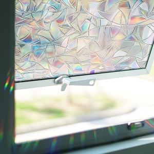 Rainbow prism static window film with geometric leaf pattern for privacy and decor