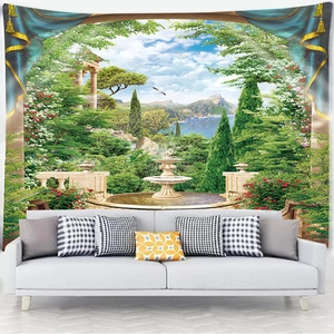 Detail view of large landscape tapestry featuring European garden fountain and sea view