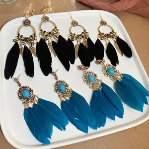 Boucles D'oreilles Longues Bohèmes À Plumes Et Glands Avec Alliage Turquoise Et Tige En Argent Sterling 925