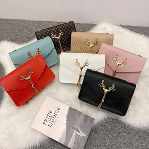 Women Retro Crossbody Bag PU Leather Small Square Handbag With Metal Deer Head Tassel Gold Chain Strap Elegant Fashion