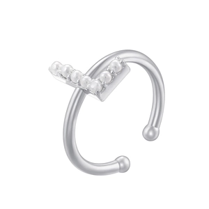 Close-up of elegant silver V-shaped ring featuring multiple white pearl embellishments
