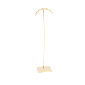 Golden metal necklace display stand with curved top and weighted square base for jewelry store
