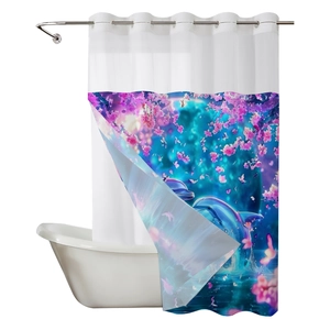 Waterproof shower curtain with blue dolphins and pink cherry blossoms on violet backdrop
