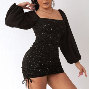 Elegant black long puff sleeve bodycon mini dress with ruched details and shimmer finish