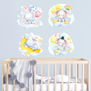 Cartoon elephant and moon wall stickers for baby room nursery decor on light blue wall