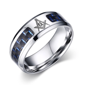 8mm stainless steel ring for men with blue and black carbon fiber and masonic symbol