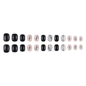 Black gradient press-on nails set with silver glitter and star designs, 24 piece pack