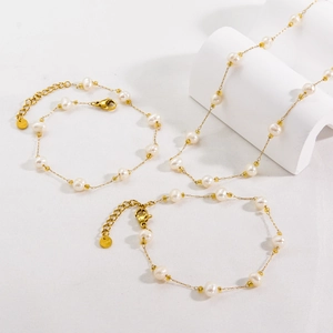 Elegant Simple Freshwater Pearl Titanium Steel 18K Gold Plated Necklace Bracelet Anklet Jewelry For Women Minimalist