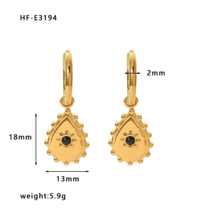 Detail view of gold teardrop earrings with black gemstone and 18mm height measurement