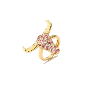 Bohemian gold bull head ring with pink and white micro-paved cubic zirconia stones