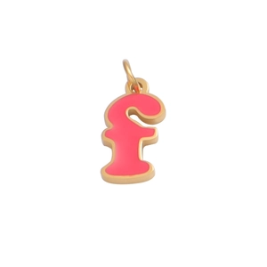 Detail of pink enamel letter F pendant with polished gold metal edges on a white base