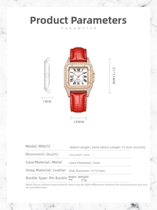 Detailed specs of square quartz watch with rose gold case and red leather strap