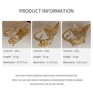 Size chart showing alloy flower and butterfly cuff bracelets with weight and dimensions