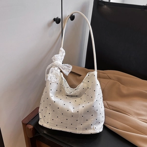 Women Polka Dot Shoulder Bag Lace Bow Decorative Fabric Canvas Underarm Bucket Bag Sweet Casual Versatile Hobo Style