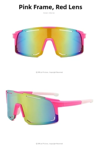 Detail of pink frame cycling sunglasses with iridescent red mirrored lenses for sports