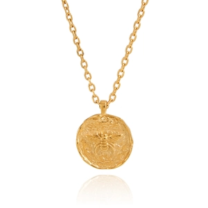 Golden titanium steel coin necklace with embossed bee pendant and freshwater pearl detail