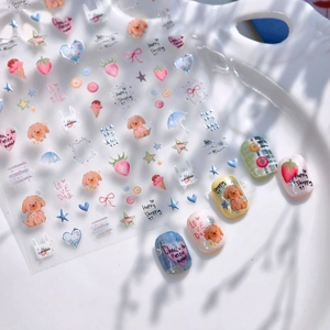 Cute Korean dog nail stickers with strawberry and heart patterns on wave tray