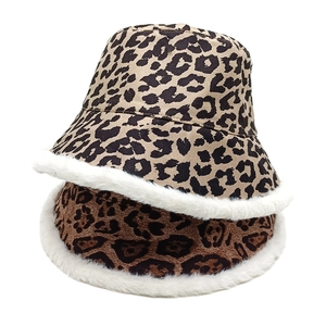 Leopard print bucket hat with plush white trim in khaki and brown for winter