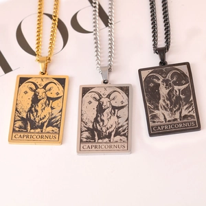 Detailed view of square Capricorn tarot necklaces in gold, silver and black finishes