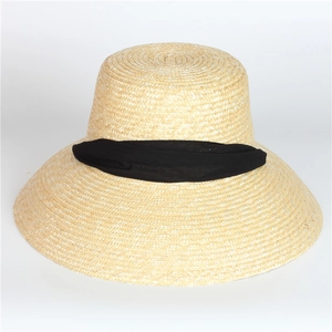 Classic straw sun hat with black ribbon, Hepburn style wide brim for beach sun protection