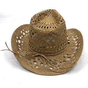 Brown hand-woven cowboy straw hat with hollow texture and decorative beads