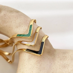 Chic gold V-shaped open bangle set with green malachite and white shell inlay