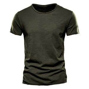 Detailed view of dark olive green slub cotton fabric texture on a men's V-neck T-shirt