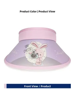 Detail of pink and purple sun hat with cute rabbit print and Say Cheese text