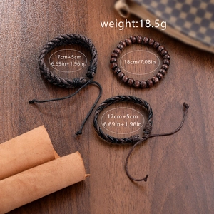 Three-piece vintage brown leather and wood bead bracelet set for men and unisex wear