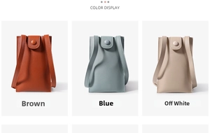 Detailed color display of minimalist mini phone bags in brown, blue, and off-white finishes