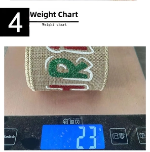 Detailed view of Christmas burlap ribbon with glitter print on an electronic weight scale